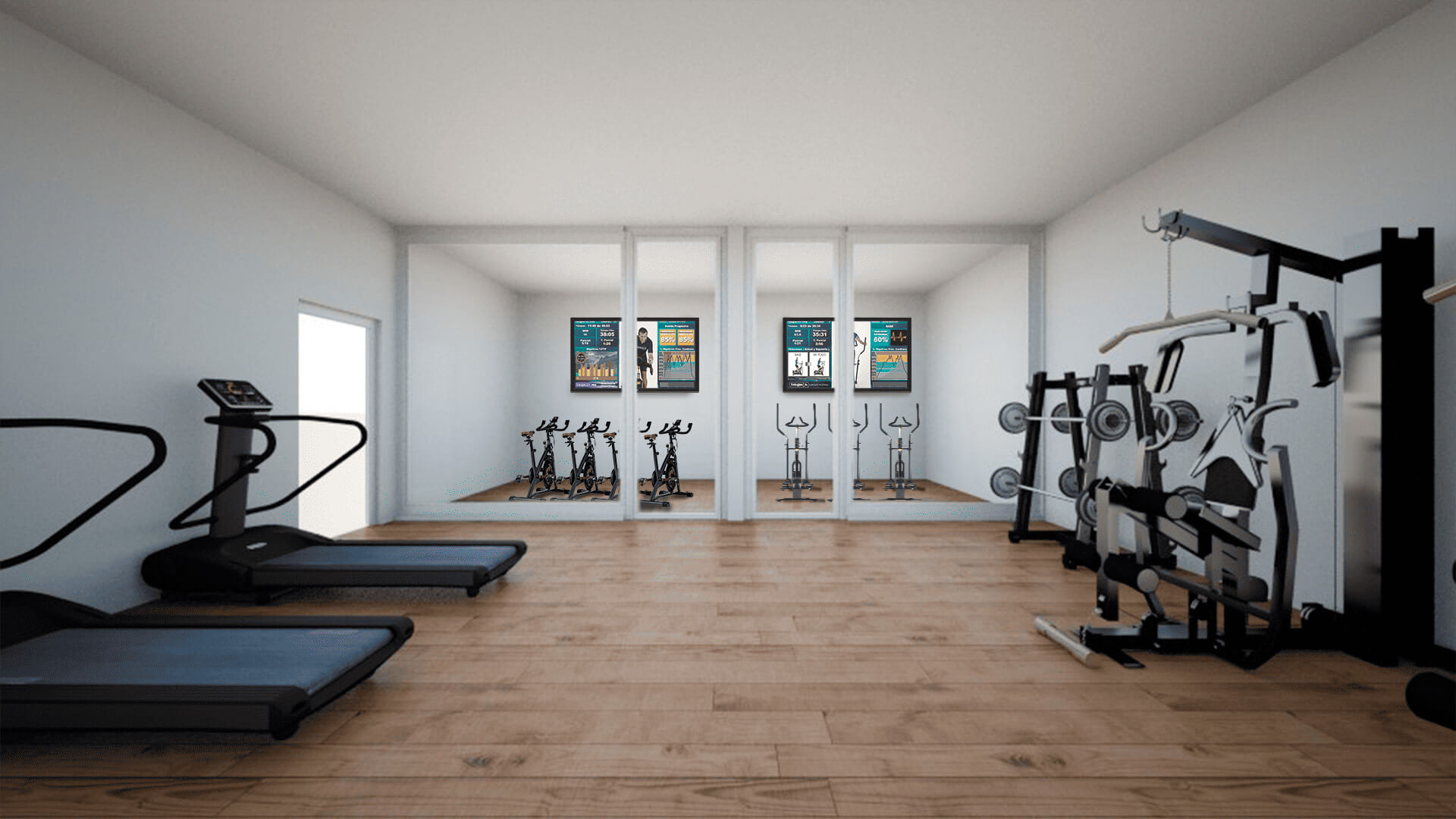 instalación fitness virtual en sala de hotel